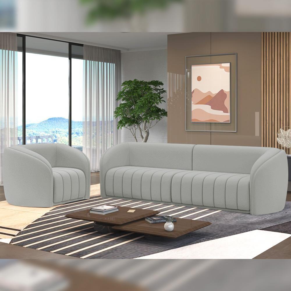 Kit Sofá 5 Lugares Para Sala 332cm Com 02 Poltronas Lazio M03 Veludo Creme - Lyam Decor - 9