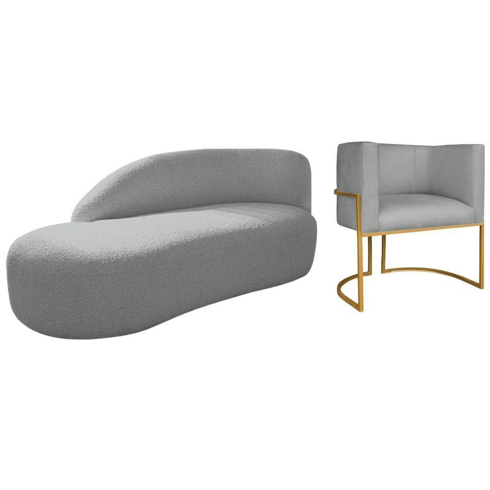 Kit Divã Luna 185cm Lado Esquerdo E 01 Poltrona Base De Ferro Dourado Bouclé Cinza - 1