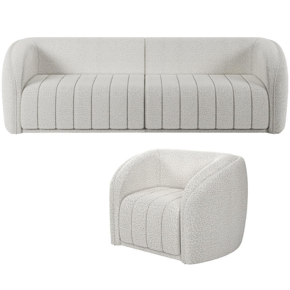 Kit Sofá 5 Lugares Para Sala 332cm Com 01 Poltrona Lazio M03 Bouclê Branco - Lyam Decor - 1