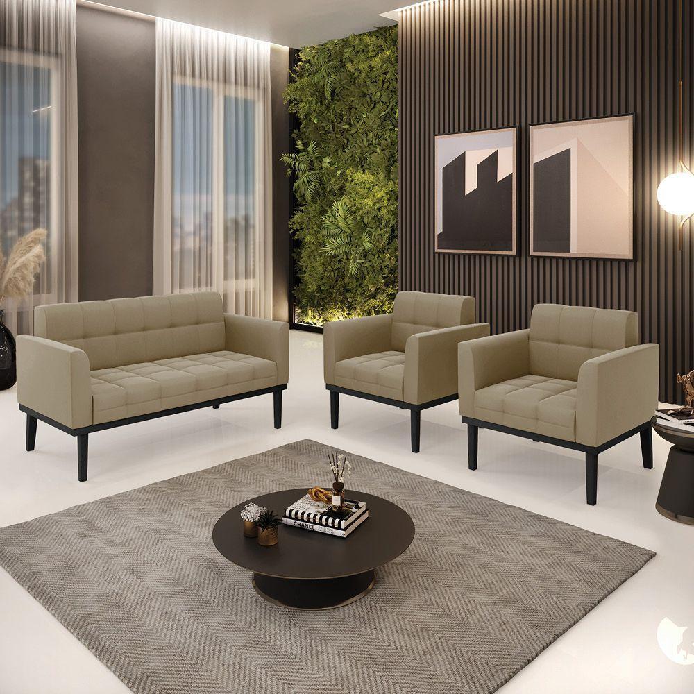 Sofá Namoradeira E 2 Poltronas Base De Madeira Preto Elisa Suede D03 - D'rossi Cor Marrom Rato - 5