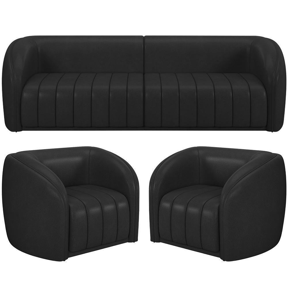 Kit Sofá 5 Lugares Para Sala 332cm Com 02 Poltrona Lazio M03 Corano Preto - Lyam Decor - 1