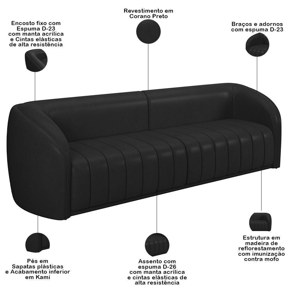 Kit Sofá 5 Lugares Para Sala 332cm Com 02 Poltrona Lazio M03 Corano Preto - Lyam Decor - 4