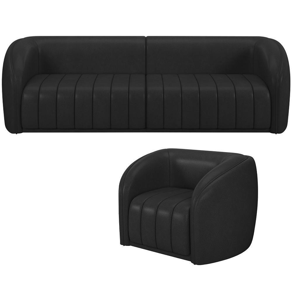 Kit Sofá 5 Lugares Para Sala 332cm Com 01 Poltrona Lazio M03 Corano Preto - Lyam Decor - 1