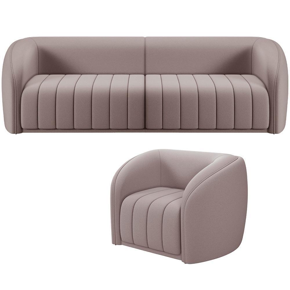 Kit Sofá 4 Lugares Para Sala 292cm Com 01 Poltrona Lazio M03 Veludo Rosê - Lyam Decor - 1
