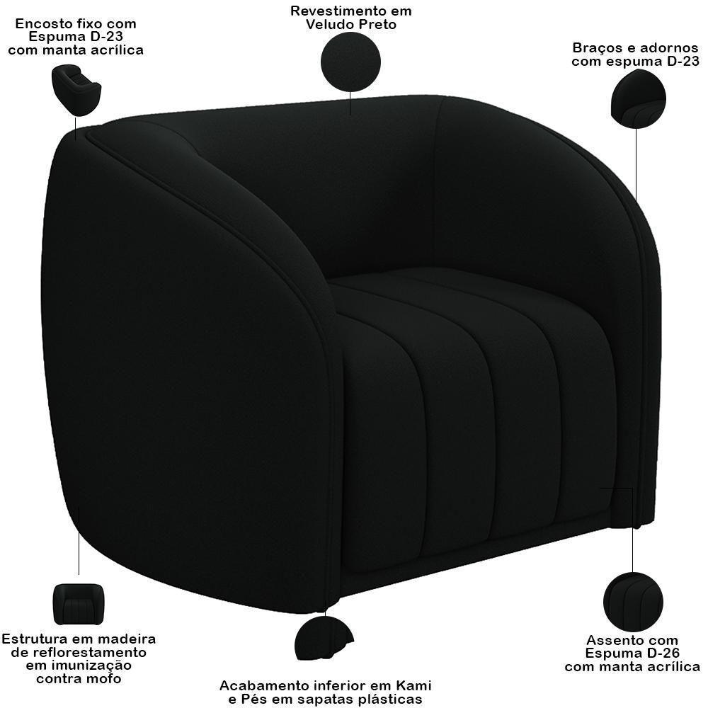 Kit Sofá 5 Lugares Para Sala 332cm Com 02 Poltronas Lazio M03 Veludo Preto - Lyam Decor - 5