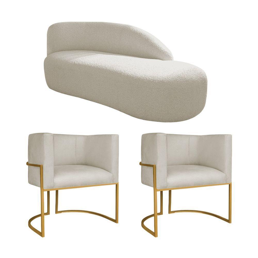 Kit Divã Luna 140cm Lado Direito E 02 Poltronas Base De Ferro Dourado Bouclé Bege - 1