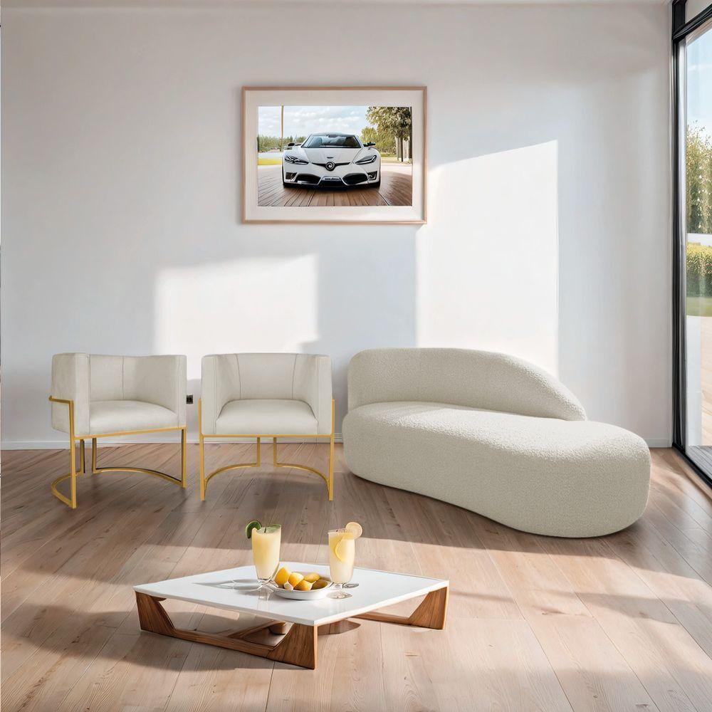 Kit Divã Luna 140cm Lado Direito E 02 Poltronas Base De Ferro Dourado Bouclé Bege - 8