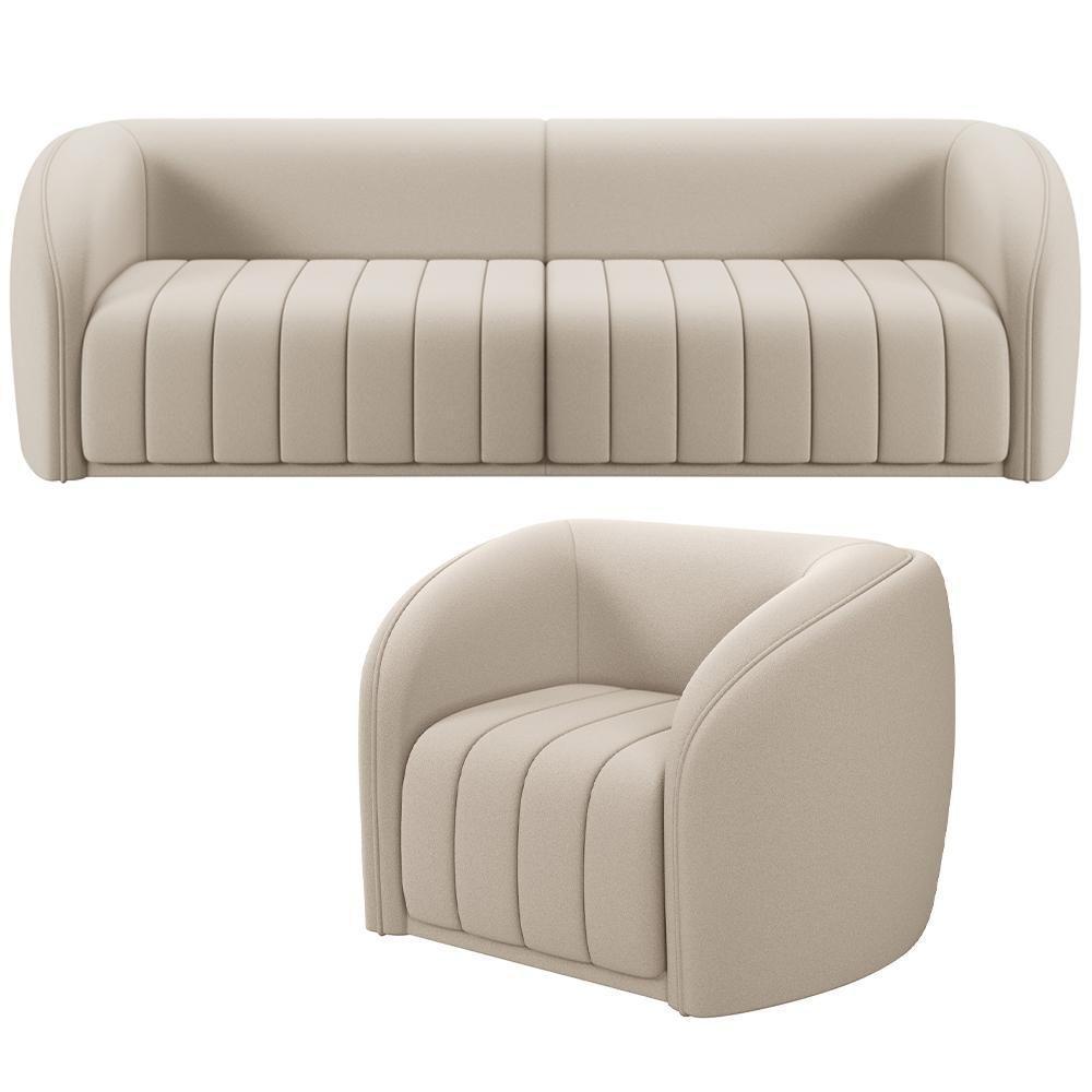 Kit Sofá 5 Lugares Para Sala 332cm Com 01 Poltrona Lazio M03 Veludo Bege - 1