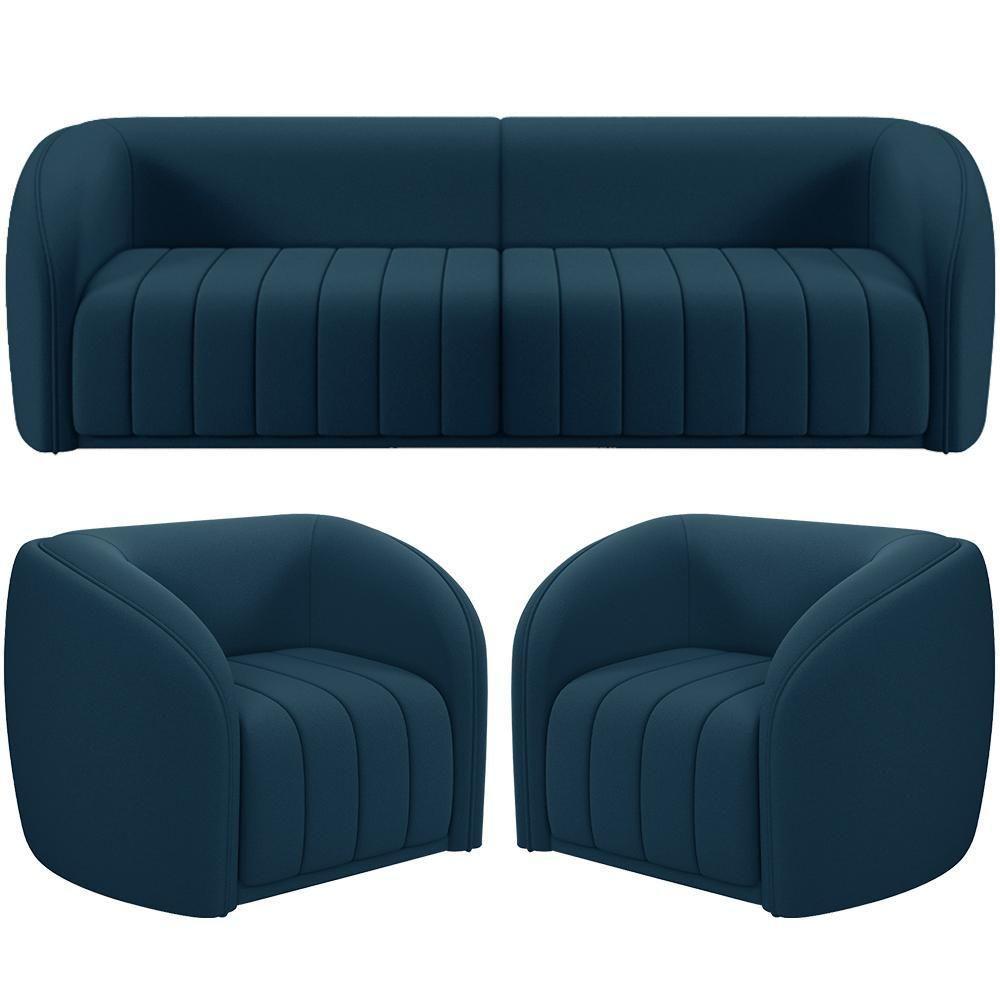 Kit Sofá 5 Lugares Para Sala 332cm Com 02 Poltronas Lazio M03 Veludo Azul - 1