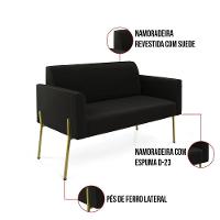 Sofá Namoradeira 2 Lugares Pé De Ferro Dourado Marisa Suede Preto D03