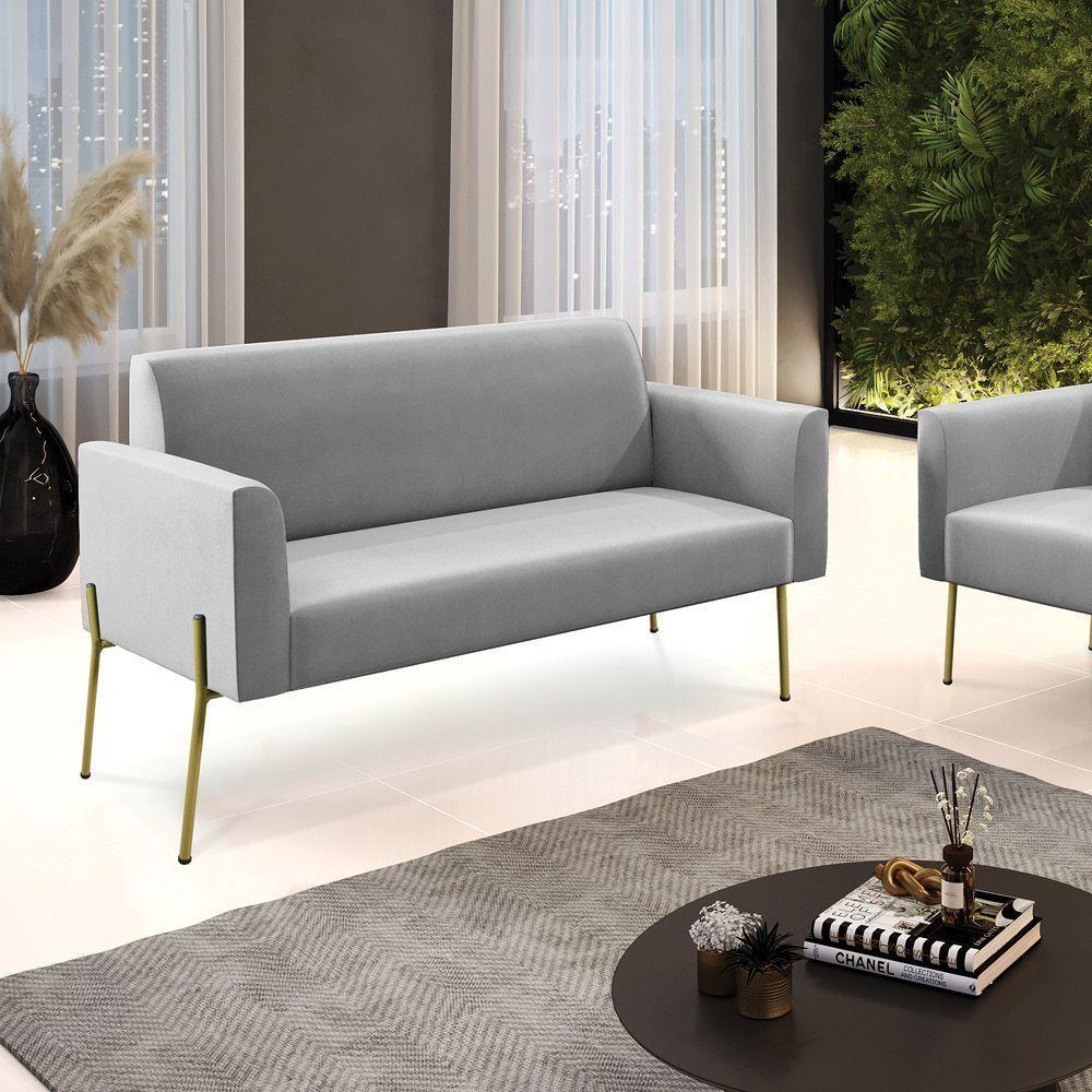 Sofá Namoradeira 2 Lugares Pé De Ferro Dourado Marisa Suede D03 Cinza - 4