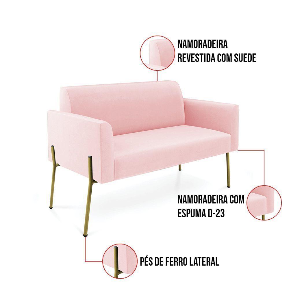 Sofá Namoradeira 2 Lugares Pé De Ferro Dourado Marisa Suede D03 Rosa Bebê - 4