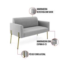 Sofá Namoradeira 2 Lugares Pé De Ferro Dourado Marisa Suede Cinza D03