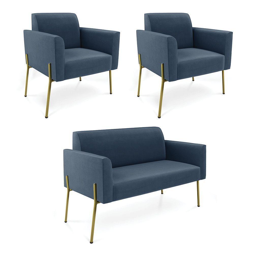 Sofá Namoradeira E 2 Poltronas Pé De Ferro Dourado Marisa Suede Azul Marinho D03 - 1