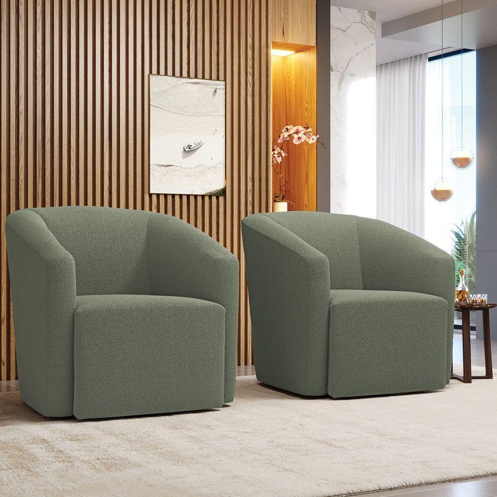 Poltrona Sala De Estar Base Giratória Kit 2 Poltronas Stella Max Bouclê Menta D03 - 7