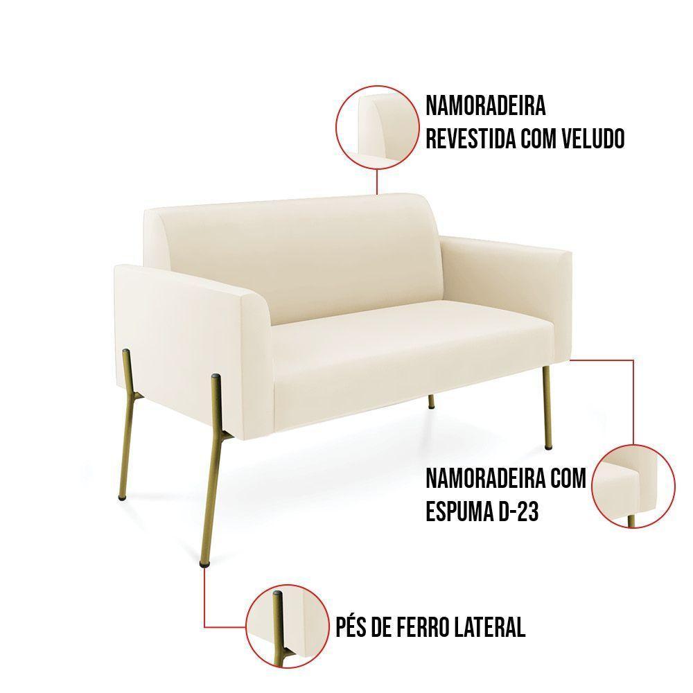 Sofá Namoradeira 2 Lugares Pé De Ferro Dourado Marisa Veludo Bege D03 - 4