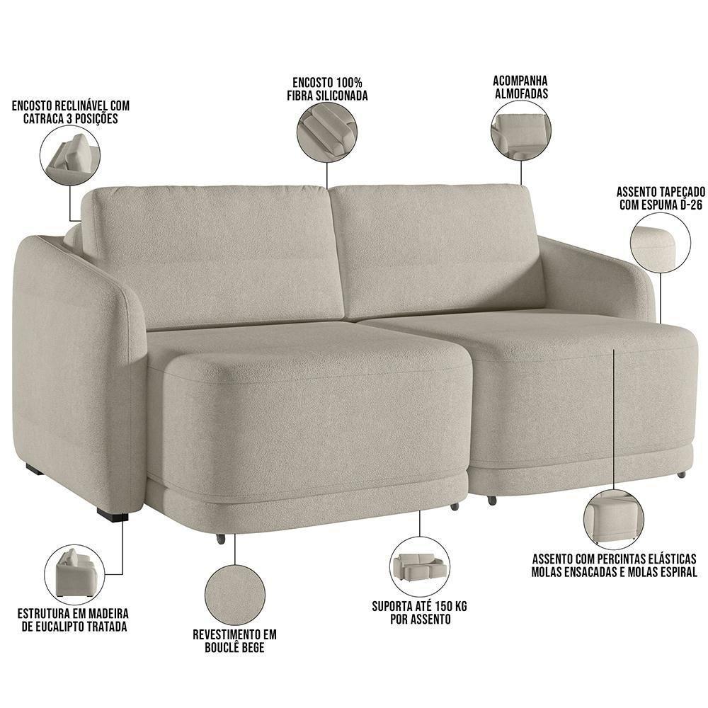 Sofá Cama Para Sala De Estar 2 Lugares 176cm Montserrat K01 Bouclê Bege - Lyam Decor - 8
