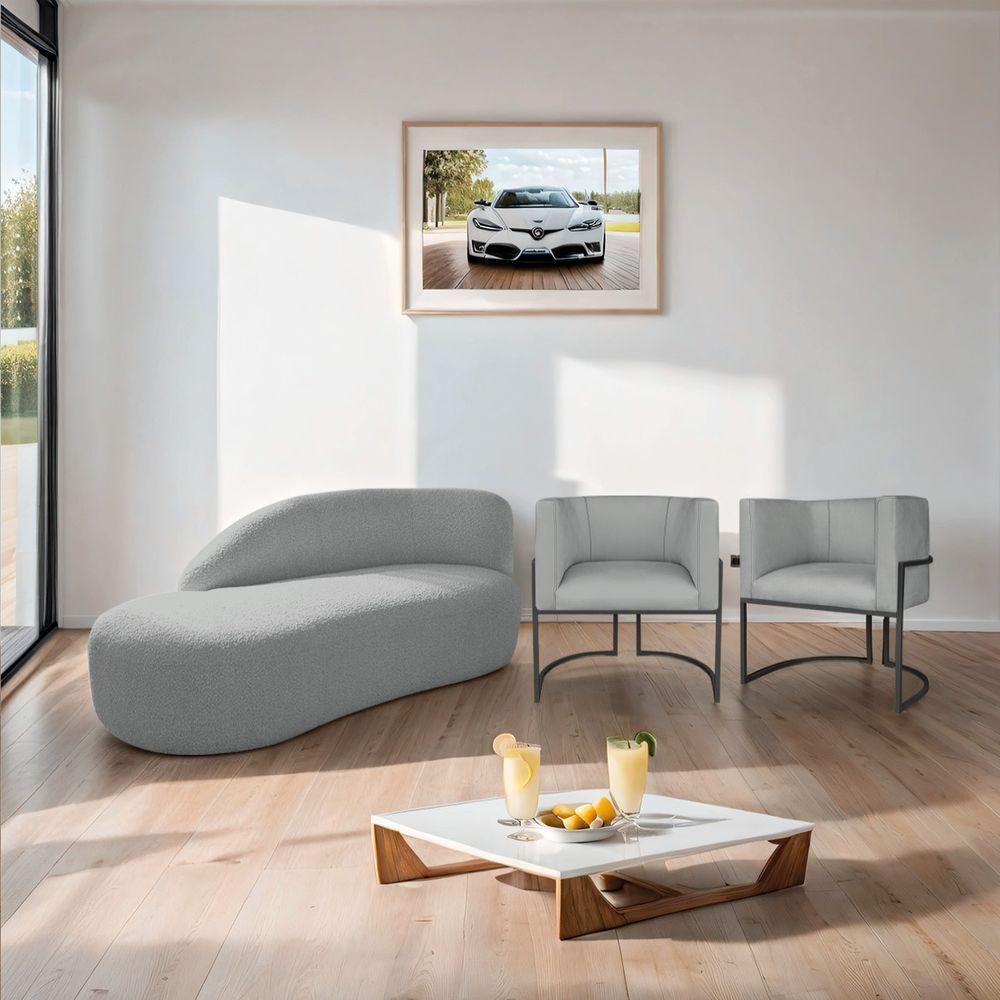 Kit Divã Luna 185cm Lado Esquerdo E 02 Poltronas Base De Ferro Preto Bouclé Cinza - 6