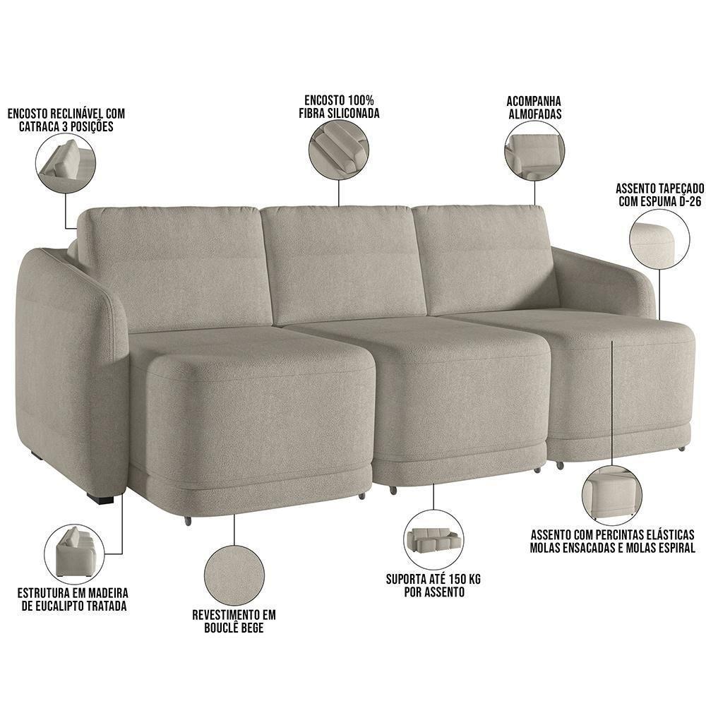 Sofá Cama Para Sala De Estar 3 Lugares 306cm Montserrat K01 Bouclê Bege - Lyam Decor - 8