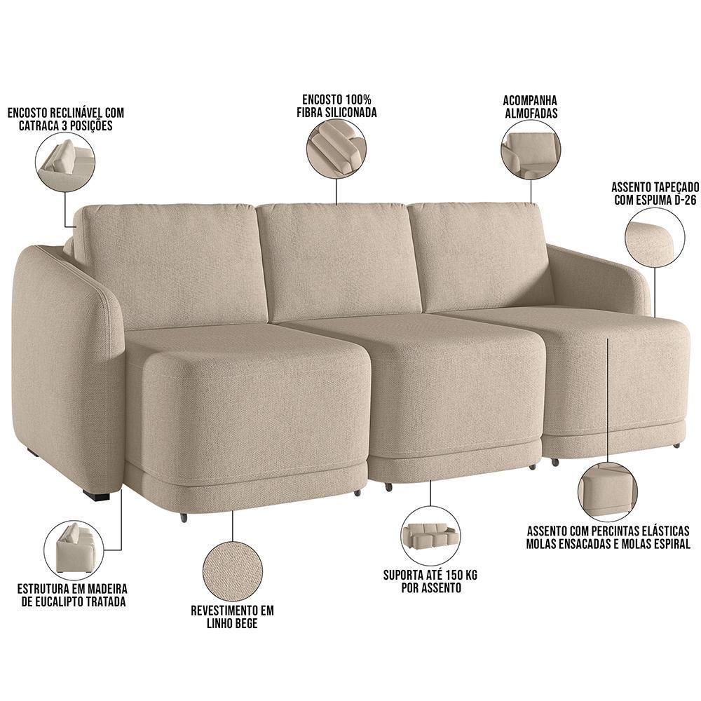 Sofá Cama Para Sala De Estar 4 Lugares 336cm Montserrat K01 Linho Bege - Lyam Decor - 6