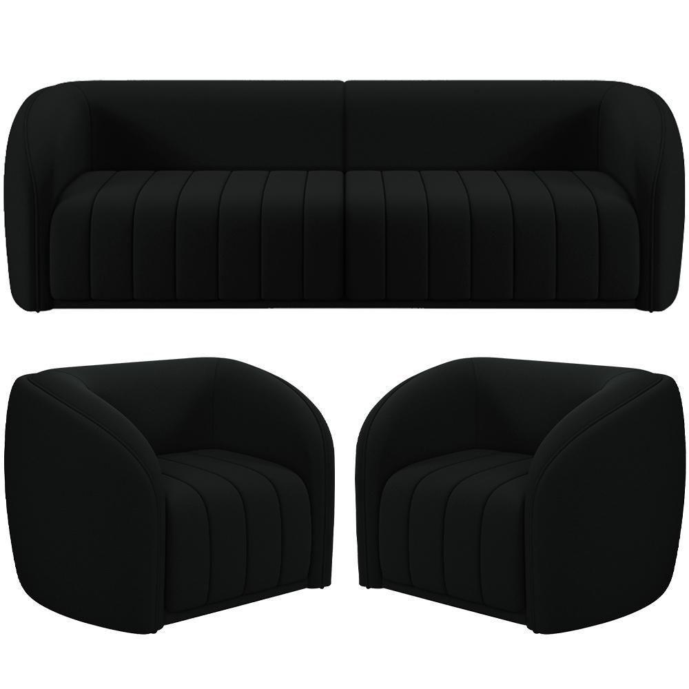 Kit Sofá 4 Lugares Para Sala 292cm Com 02 Poltronas Lazio M03 Veludo Preto - Lyam Decor - 1