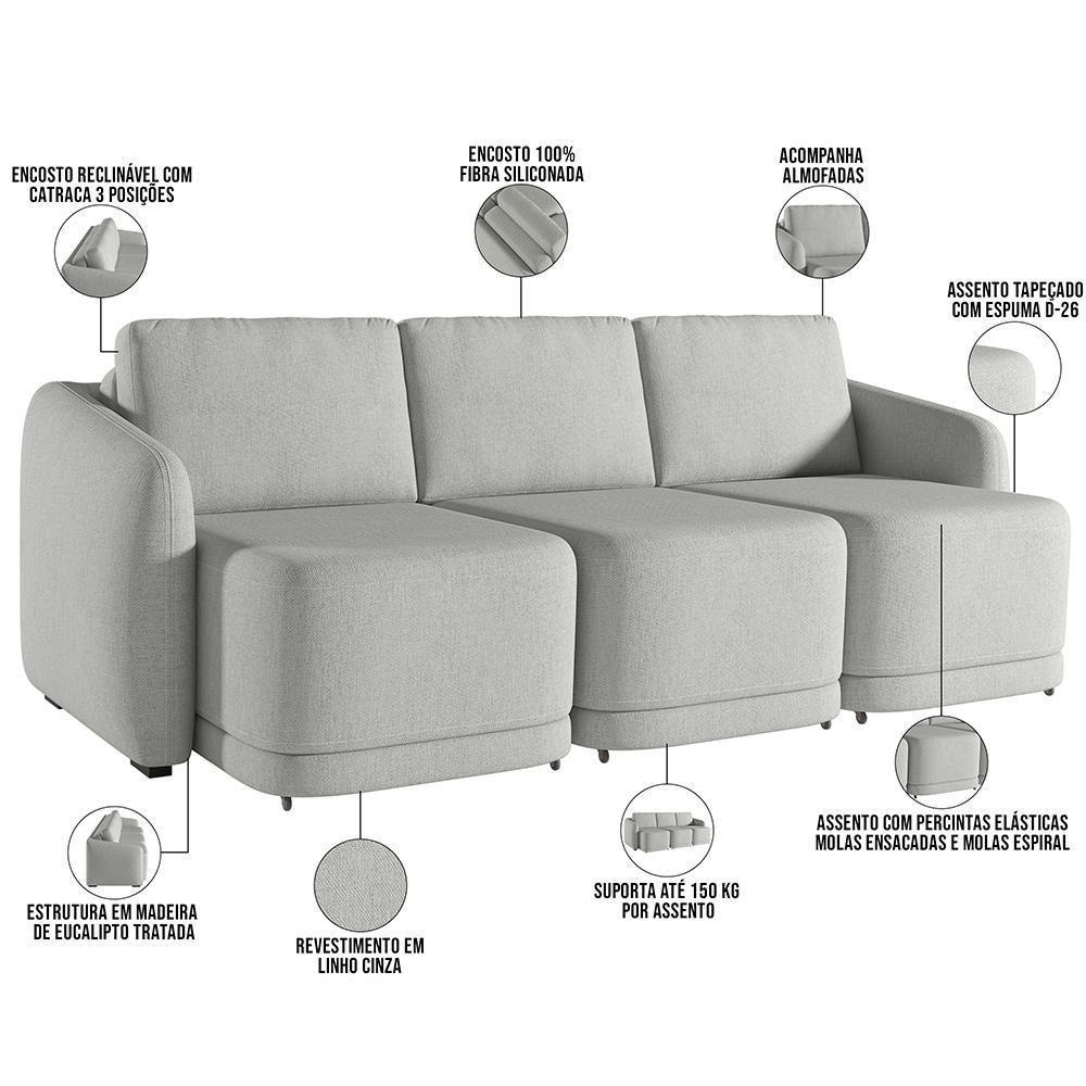 Sofá Cama Para Sala De Estar 3 Lugares 276cm Montserrat K01 Linho Cinza - Lyam Decor - 8