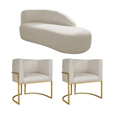 Kit Divã Luna 160cm Lado Direito E 02 Poltronas Base De Ferro Dourado Bouclé Bege