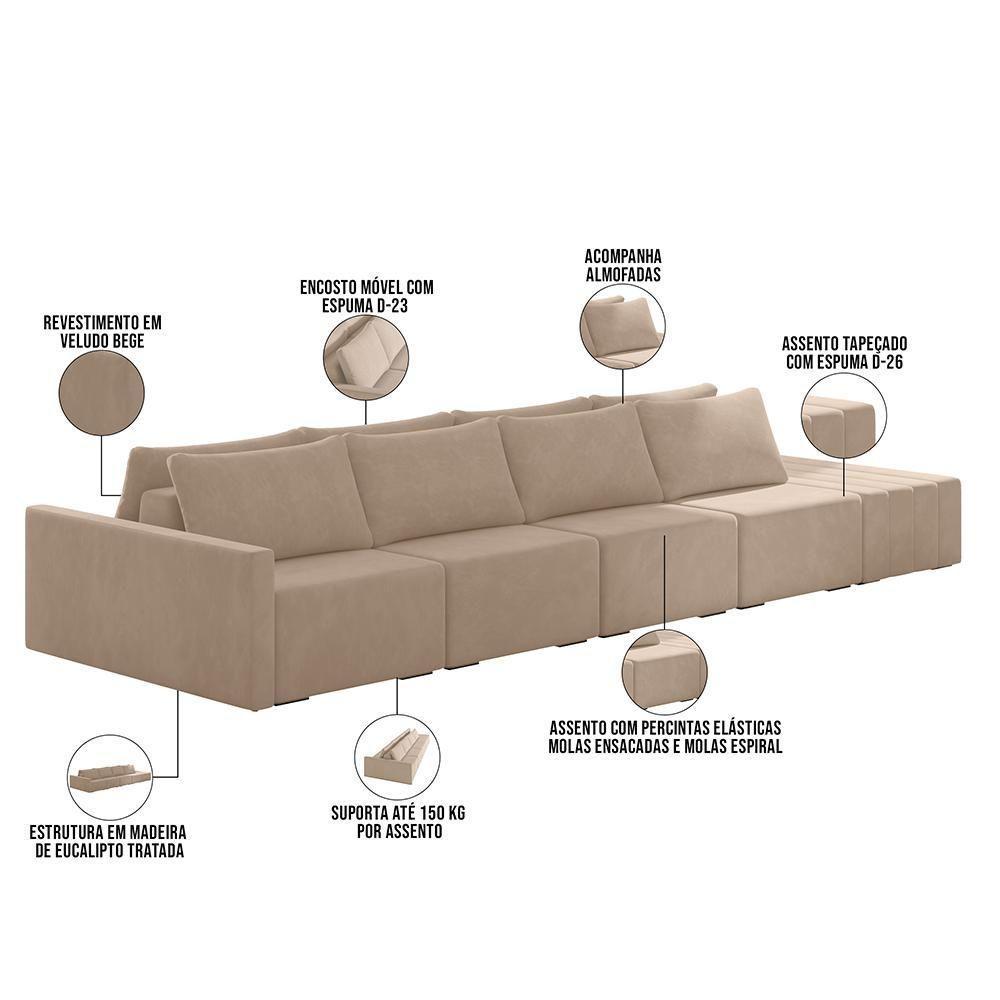 Sofá Ilha Modular Para Sala 392cm Com Puff Dublin K01 Veludo Bege - Lyam Decor - 4