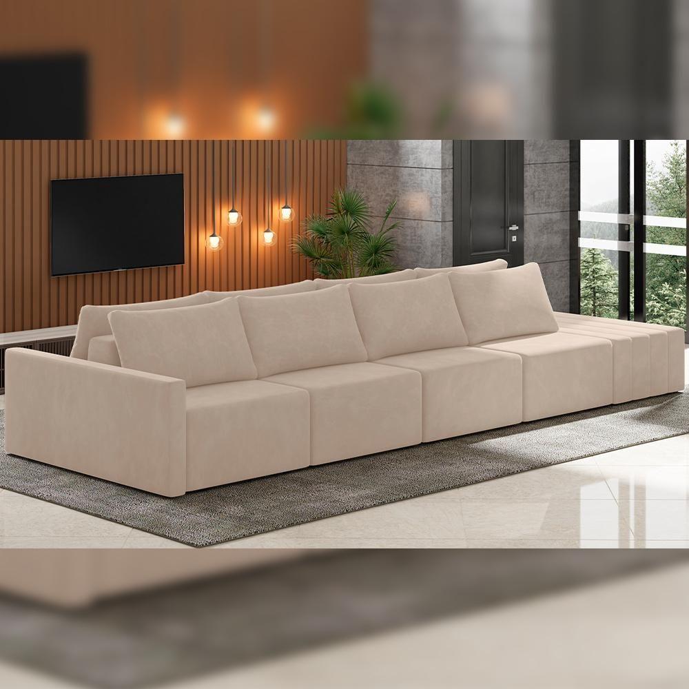 Sofá Ilha Modular Para Sala 392cm Com Puff Dublin K01 Veludo Bege - Lyam Decor - 6
