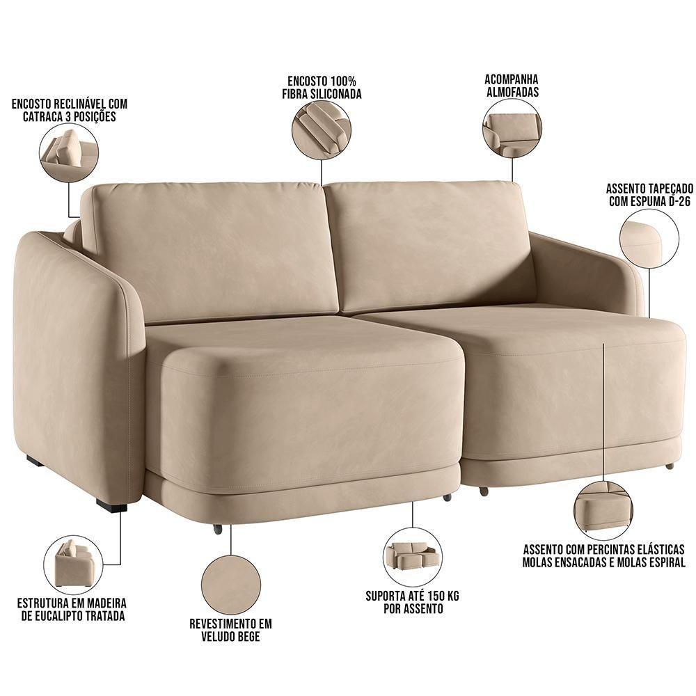 Sofá Cama Para Sala De Estar 2 Lugares 196cm Montserrat K01 Veludo Bege - Lyam Decor - 8