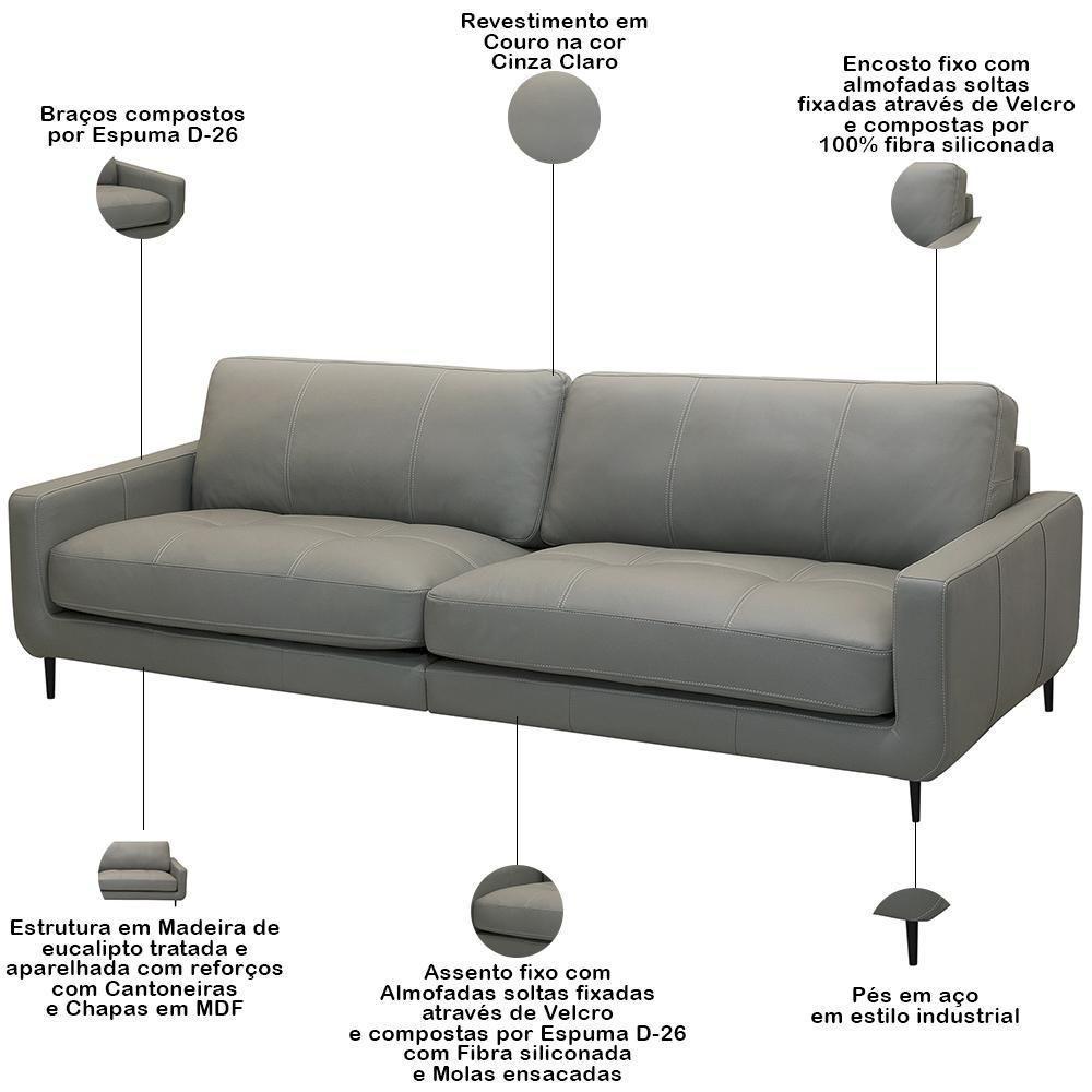 Sofá 3 Lugares Para Sala Living Industrial 270cm ávila L06 Couro Cinza Claro - Lyam Decor - 7