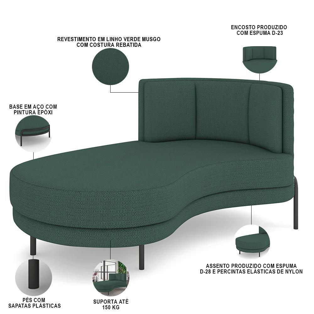 Sofá Chaise Longue Sala De Estar Living Lucca Esquerdo D02 Linho Verde Musgo C-117 - Lyam Decor - 4