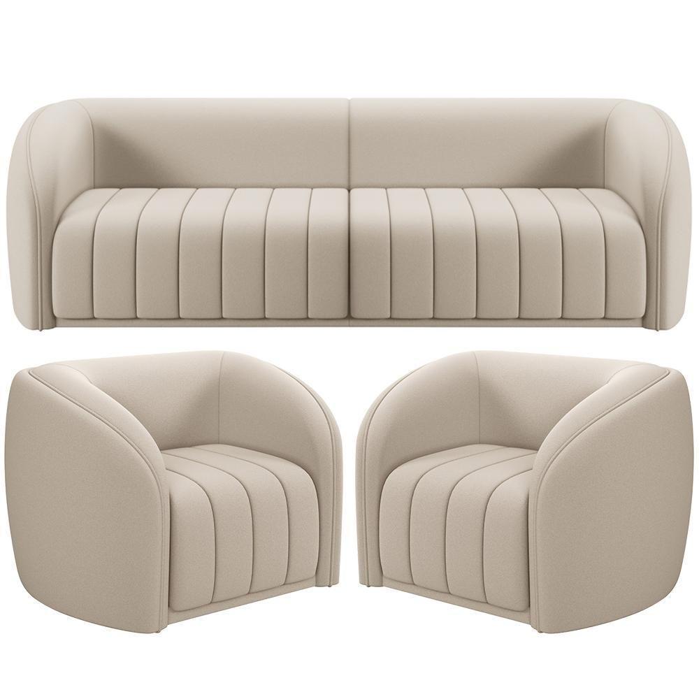 Kit Sofá 4 Lugares Para Sala 252cm Com 02 Poltronas Lazio M03 Veludo Bege - Lyam Decor - 1