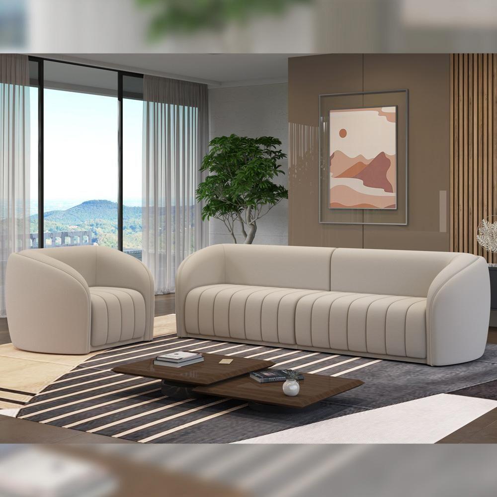 Kit Sofá 4 Lugares Para Sala 252cm Com 02 Poltronas Lazio M03 Veludo Bege - Lyam Decor - 9
