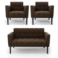 Sofá Namoradeira E 2 Poltronas Base De Madeira Preto Elisa Suede D03 - D'rossi Cor Marrom - 1