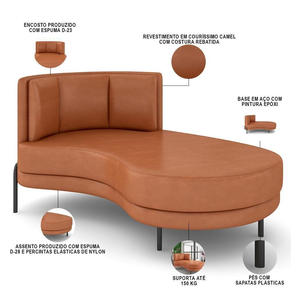 Sofá Chaise Longue Sala De Estar Living Lucca Direito D02 Couríssimo Camel B-14 - Lyam Decor - 4