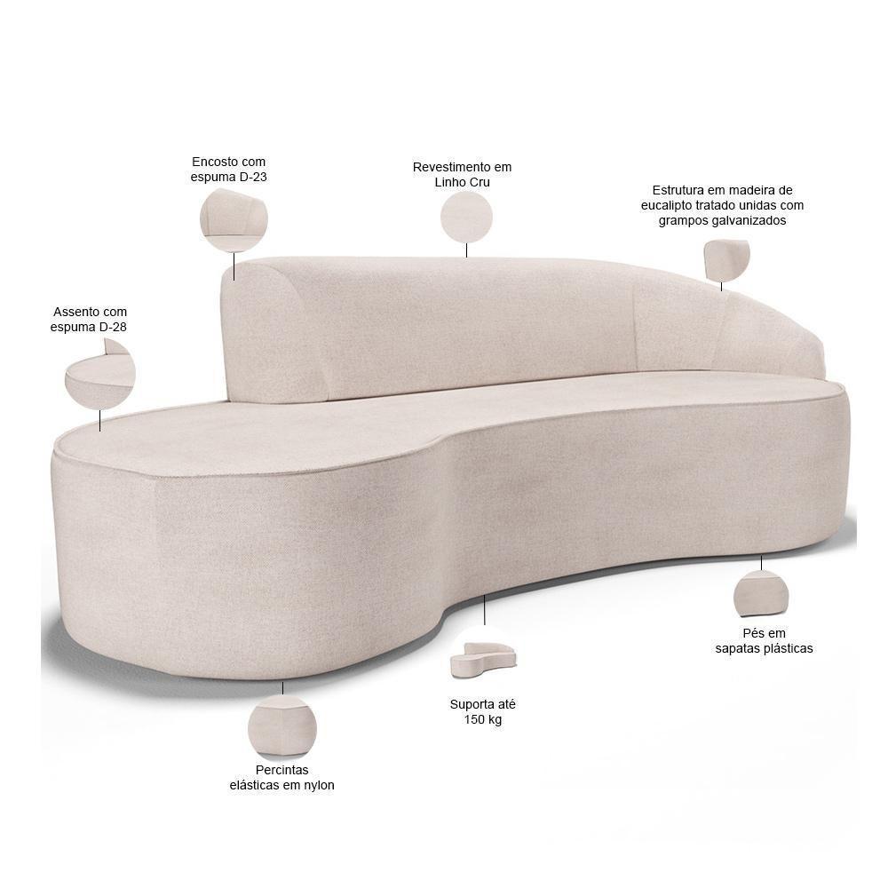 Sofá 3 Lugares Curvo Sala De Estar Living Firenze Direito D02 Linho Cru 180 Cm D-461 - Lyam - 6