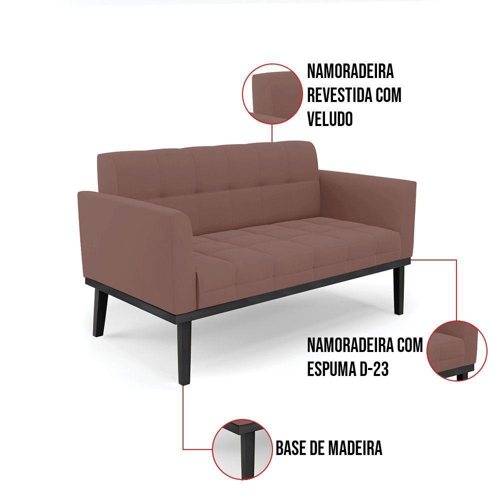 Sofá Namoradeira 2 Lugares Base De Madeira Preto Elisa Veludo Rosê D03 - D'rossi - 2