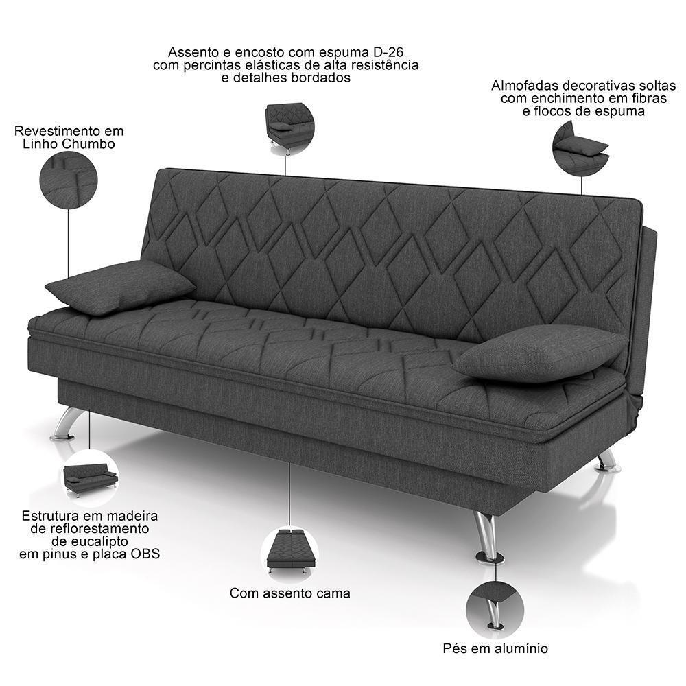 Sofá Cama Para Sala De Estar Quarto 193cm Lia M03 Linho Chumbo - Lyam Decor - 7