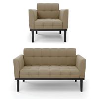 Sofá Namoradeira E Poltrona Base De Madeira Preto Elisa Suede Marrom Rato D03 - D'rossi - 1