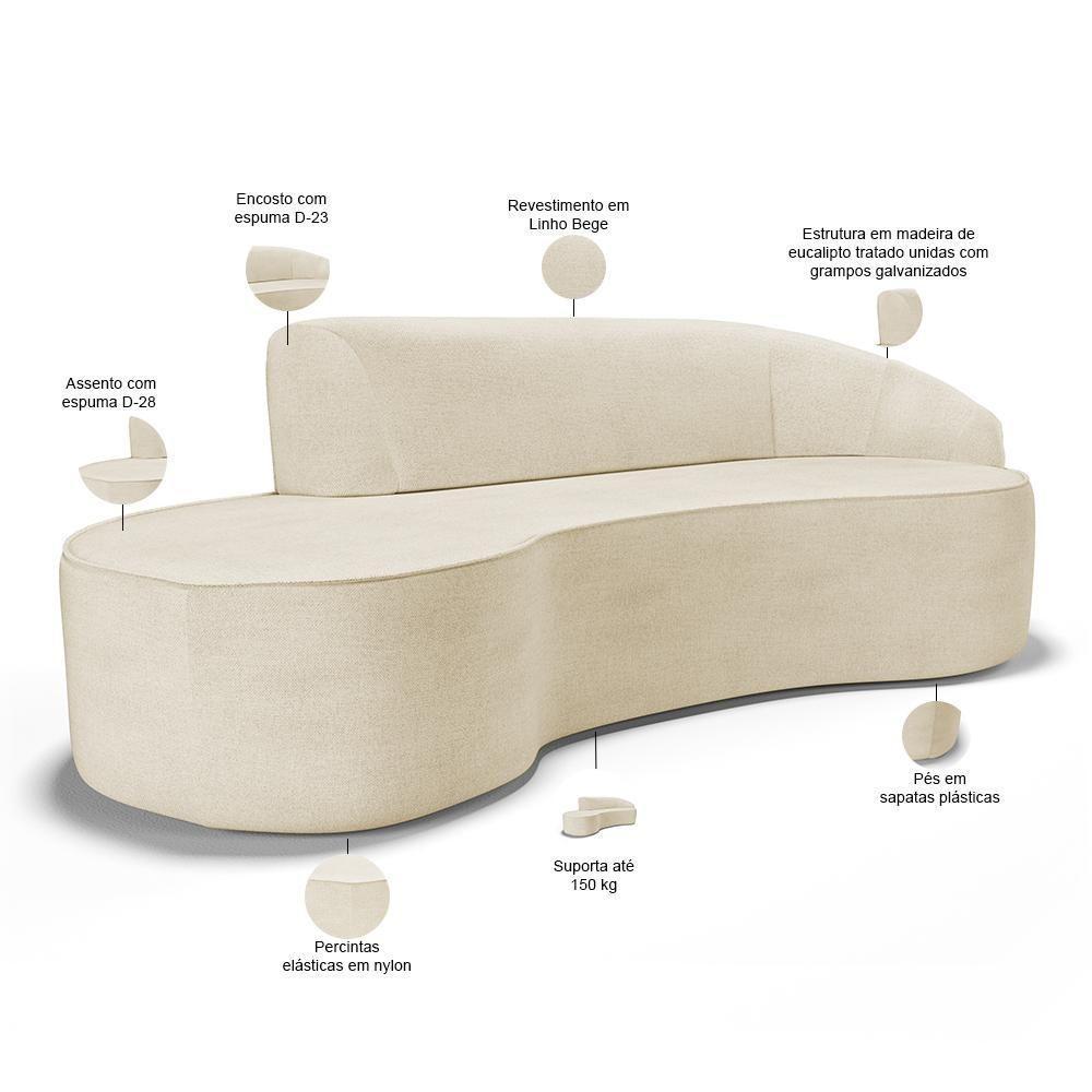 Sofá 3 Lugares Curvo Sala De Estar Living Firenze Direito D02 Linho Bege 210 Cm D-463 - Lyam - 6