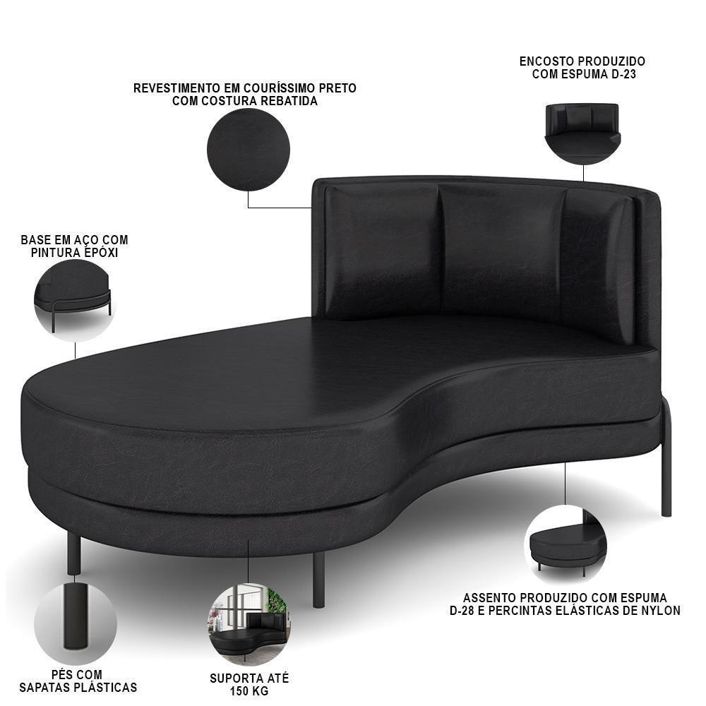 Sofá Chaise Longue Sala De Estar Living Lucca Esquerdo D02 Couríssimo Preto B-159 - Lyam Decor - 4