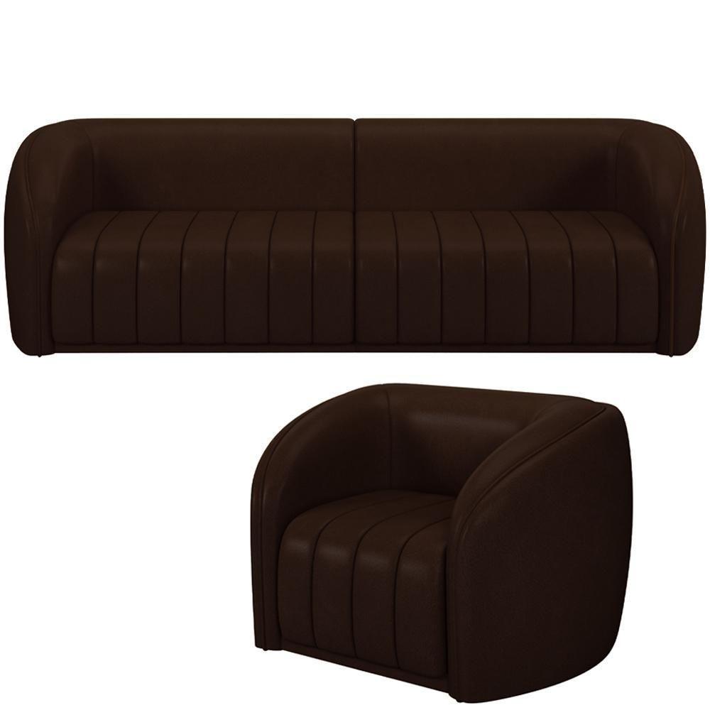 Kit Sofá 4 Lugares Para Sala 252cm Com 01 Poltrona Lazio M03 Corano Marrom - Lyam Decor - 1