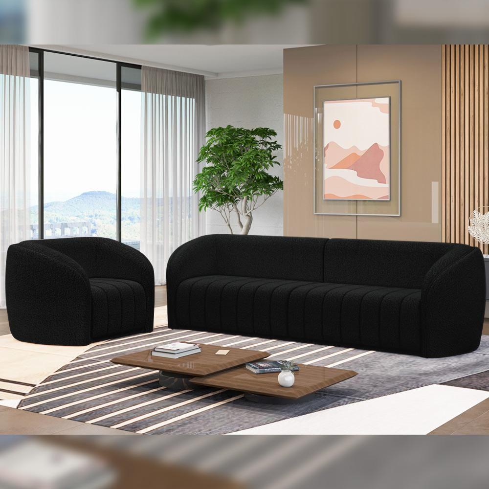 Kit Sofá 5 Lugares Para Sala 332cm Com 02 Poltronas Lazio M03 Bouclê Preto - Lyam Decor - 9