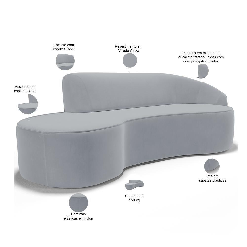 Sofá 4 Lugares Curvo Sala De Estar Living Firenze Direito D02 Veludo Cinza 280 Cm C-317 - Lyam - 6