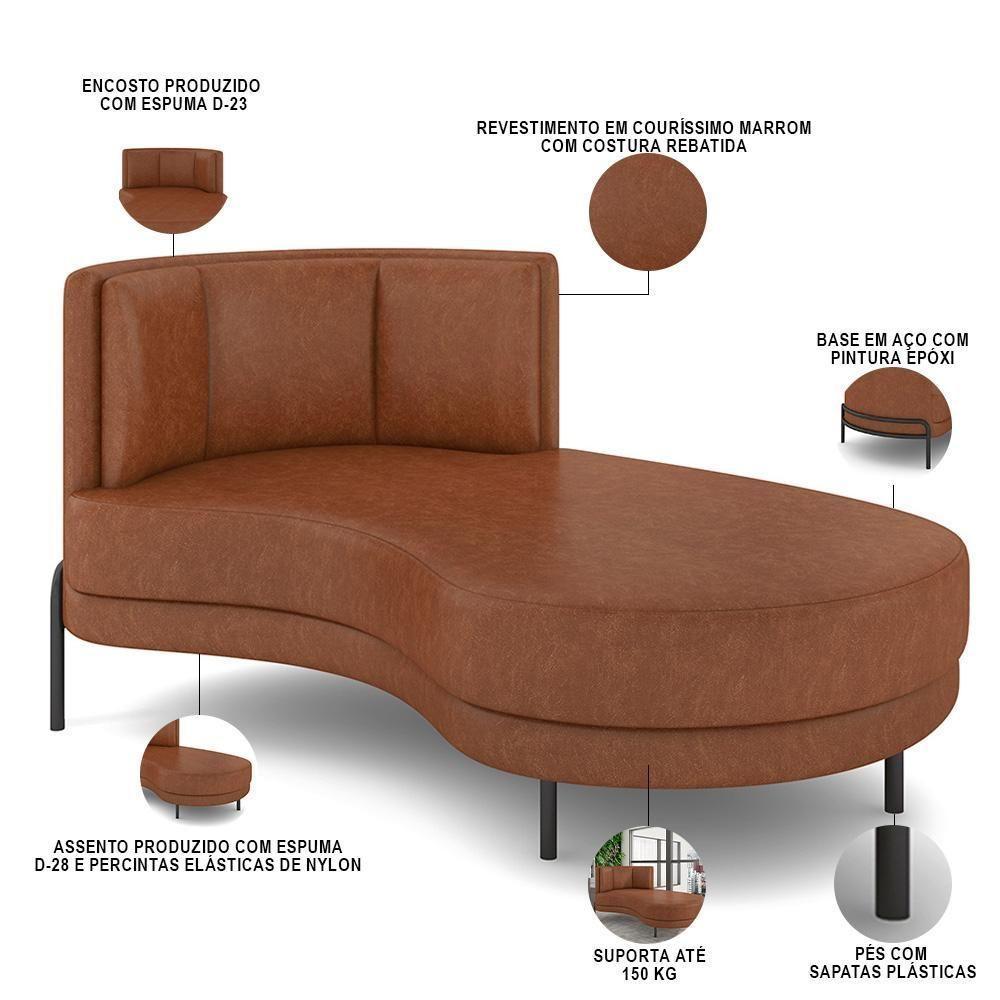 Sofá Chaise Longue Sala De Estar Living Lucca Direito D02 Couríssimo Marrom B-38 - Lyam Decor - 4