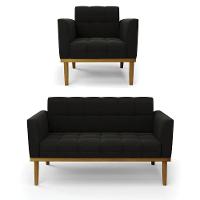 Namoradeira E Poltrona Base De Madeira Castanho Elisa Suede Preto D03 - D'rossi - 1