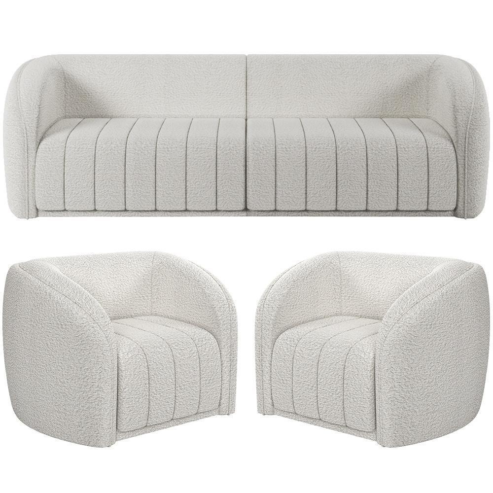 Kit Sofá 5 Lugares Para Sala 332cm Com 02 Poltronas Lazio M03 Bouclê Branco - Lyam Decor - 1
