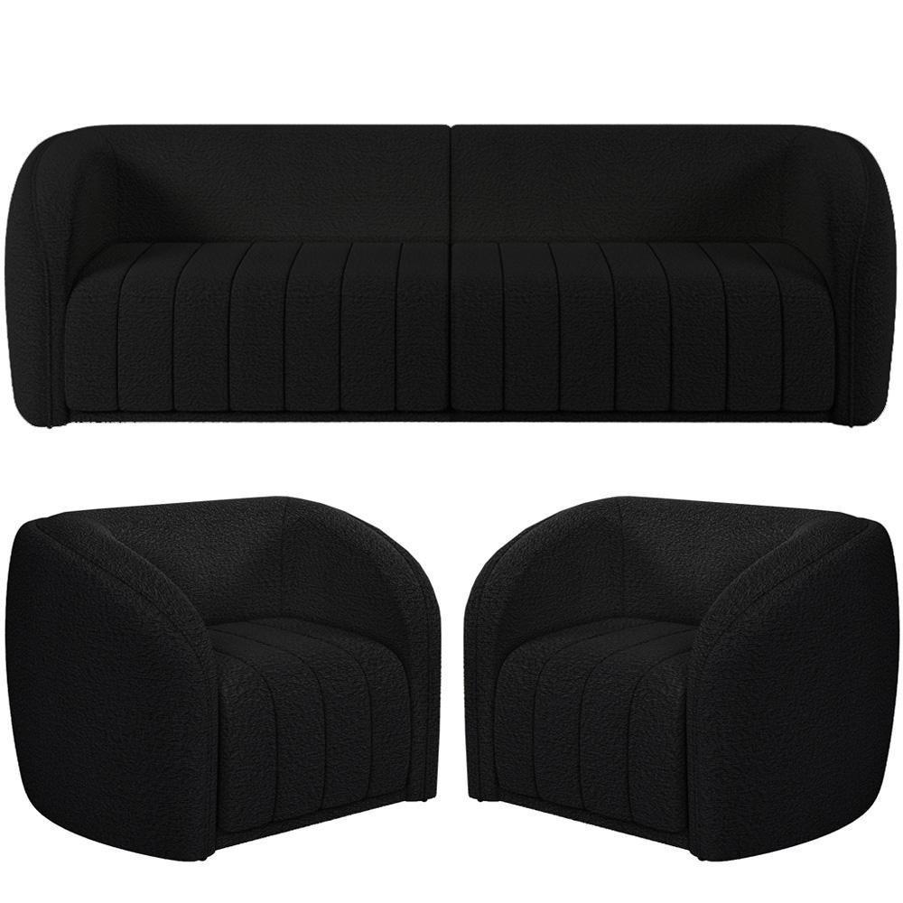 Kit Sofá 4 Lugares Para Sala 292cm Com 02 Poltronas Lazio M03 Bouclê Preto - Lyam Decor - 1