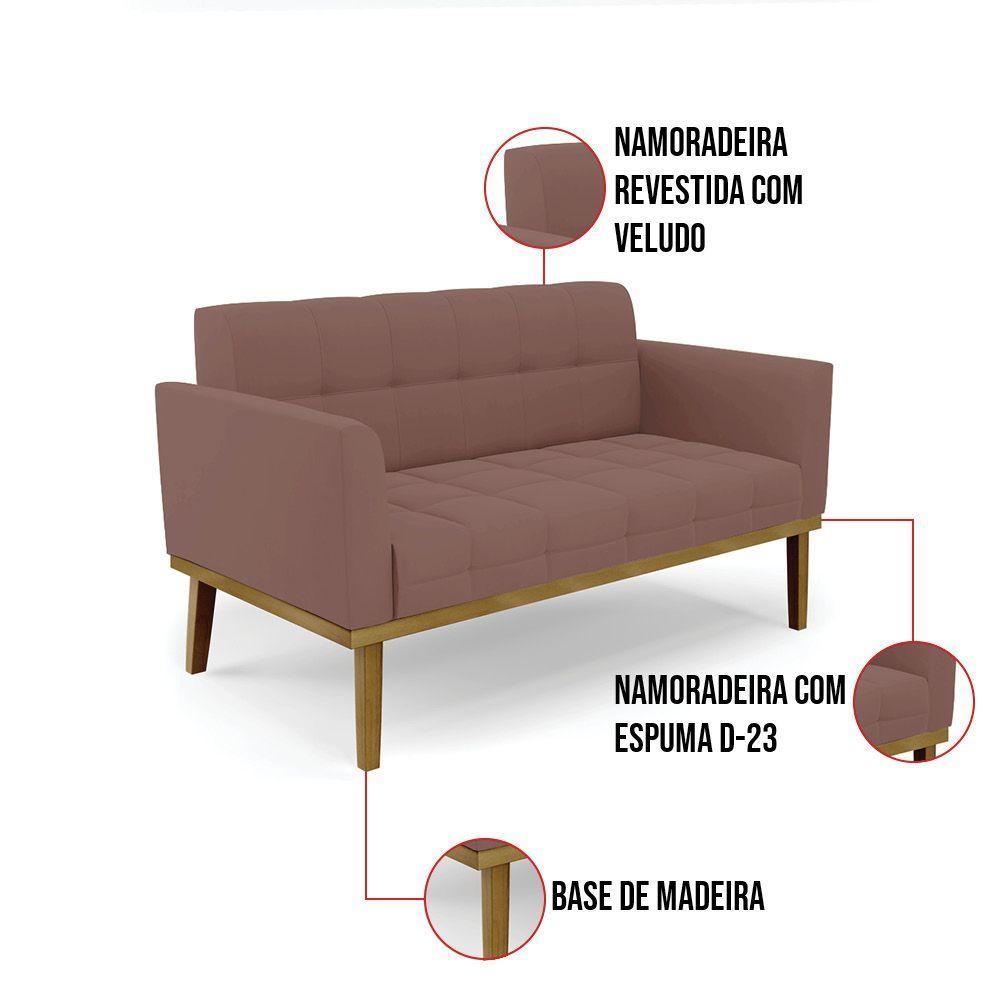 Sofá Namoradeira 2 Lugares Base De Madeira Castanho Elisa Veludo D03 - D'rossi Cor Rose - 2